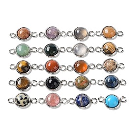 Mixed Stone Connector Charms, Half Round/Dome Links with Stainless Steel Color Plated 304 Stainless Steel Frame