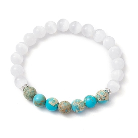 8mm Round Dyed Natural Imperial Jasper & Selenite Beaded Stretch Bracelets for Women Men