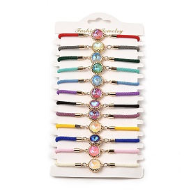 12Pcs 12 Colors Polyester Bracelets, Brass Glass Links Jewelry for Women, Flat Round