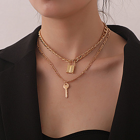 Geometric Lock Pendant Necklace for Women with Double Layered Aluminum Chain and Key Charm - Fashionable Statement Jewelry