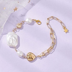 Браслеты-цепочки из АБС-пластика с имитацией жемчуга, браслеты-цепочки из латуни для женщин, прямоугольник, форма ракушки, сердце, звезда