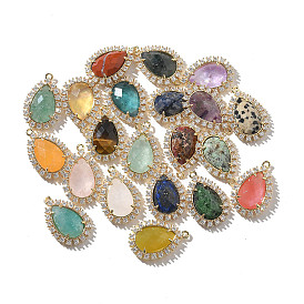 Gemstone Faceted Teardrop Pendants, Rack Plating Brass Micro Pave Clear Cubic Zirconia Drop Charms, Golden