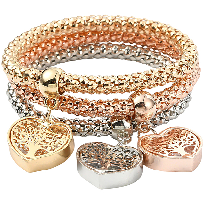 3шт. 3 цвета браслеты с подвесками из цинкового сплава, железные эластичные браслеты для женщин, Сердце с деревом