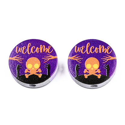 Halloween Printed Natural Wood Beads, Flat Round with Word Welcome & Skull