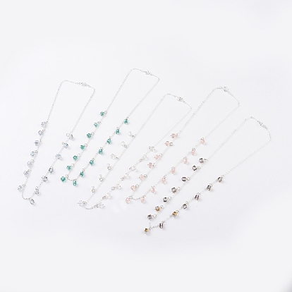Pendant Necklaces, with Faceted Glass Beads, Silver Color Plated Brass Cable Chain and Spring Ring Clasps, Cube