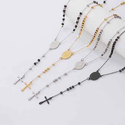Vintage Resin Cube Rosary Bead Necklaces, 304 Stainless Steel Religion Cross Virgin Pendant Necklaces for Women