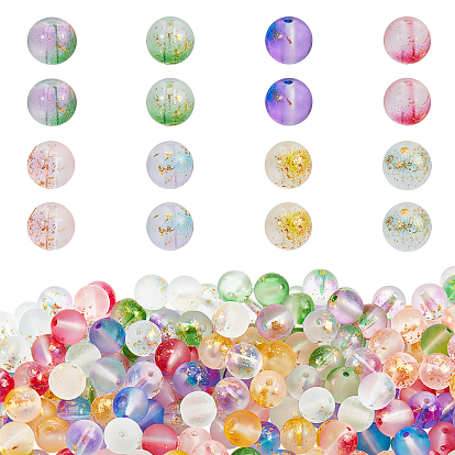 Frosted Spray Painted Glass Beads, with Golden Foil, Round