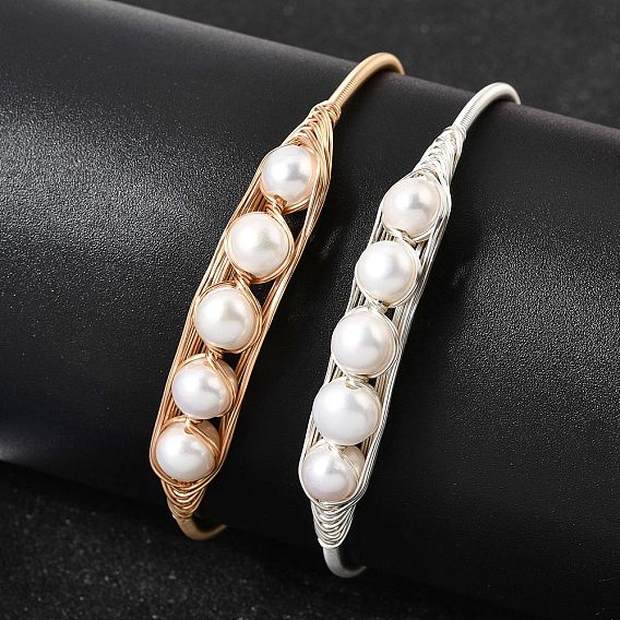 Женские браслеты-манжеты из натурального жемчуга, обмотанного латунной проволокой., круглые, стойки покрытие, долговечный