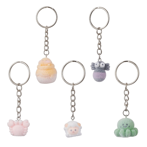 Брелоки из непрозрачной смолы с имитацией меха животных, с железными разрезными брелоками, платина, разноцветные