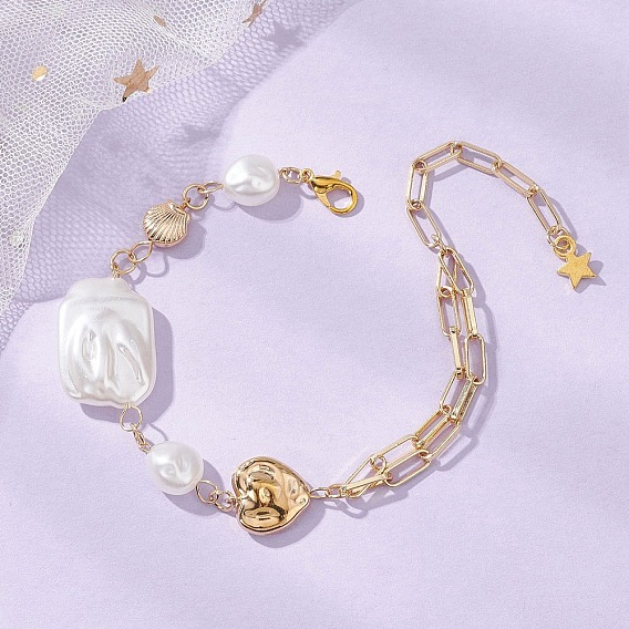 Браслеты-цепочки из АБС-пластика с имитацией жемчуга, браслеты-цепочки из латуни для женщин, прямоугольник, форма ракушки, сердце, звезда