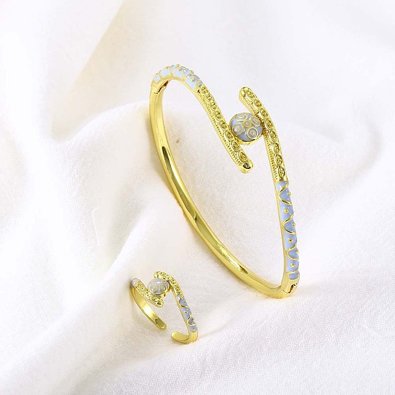 Комплекты из плоских круглых латунных эмалевых браслетов и колец для женщин, золотые