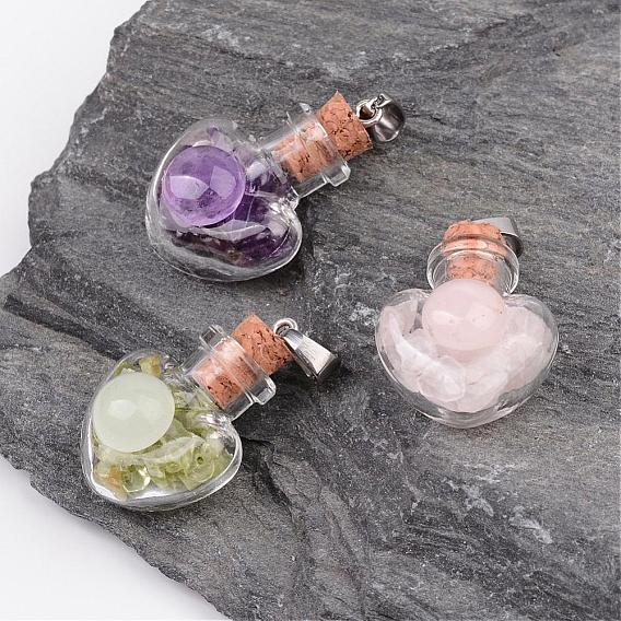 Сердца стеклянная бутылка драгоценного камня подвески, с 304 фурнитурой из нержавеющей стали, 31x22x16 мм, отверстие : 7x4 мм