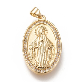 Brass Pendants, with Clear Cubic Zirconia, Oval with Holy Virgin, Real 18K Gold Plated
