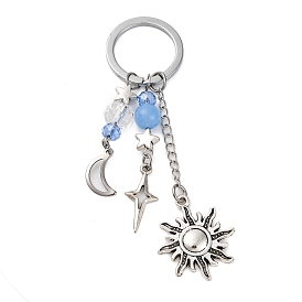 Star & Moon & Sun Alloy Charm Keychains, with Iron Split Key Rings & Natural Dyed Malaysia Jade Beads