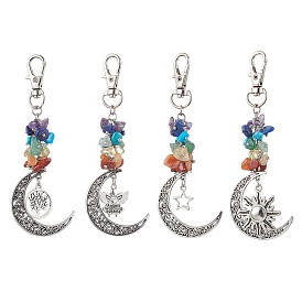 Natural & Synthetic Mixed Gemstone Chip Pendant Decorations, with Alloy Pendants and Swivel Clasps, Moon
