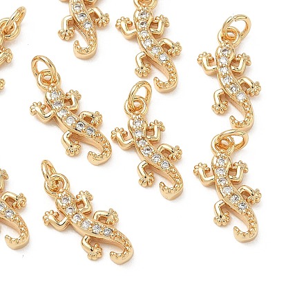 SHEGRACE Brass Micro Pave Cubic Zirconia Pendants, Cadmium Free & Nickel Free & Lead Free, Gecko Charms, Clear