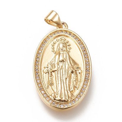 Brass Pendants, with Clear Cubic Zirconia, Oval with Holy Virgin, Real 18K Gold Plated