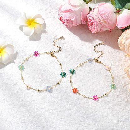 Браслеты на лодыжку из латунных и стеклянных бусин в виде цветочных звеньев, разноцветные