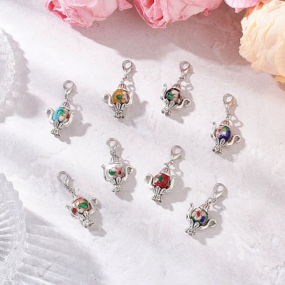 8 шт. 8 цвета, чайник, сплав и латунные эмалевые бусины, подвеска, украшение, с карабин-лобстерами 