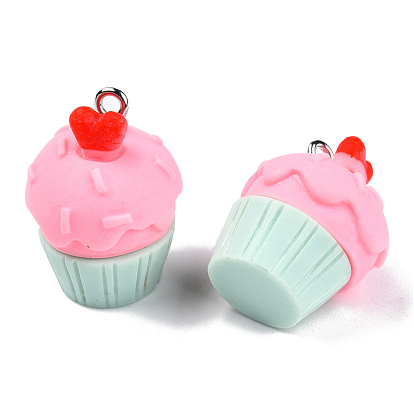 Opaque Resin Pendants, Imitation Food, with Platinum Plated Iron Loops, Cupcake Charm with Heart