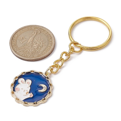 Moon/Flat Round with Rabbit Alloy Enamel Pendant Keychain, with Iron Split Key Rings