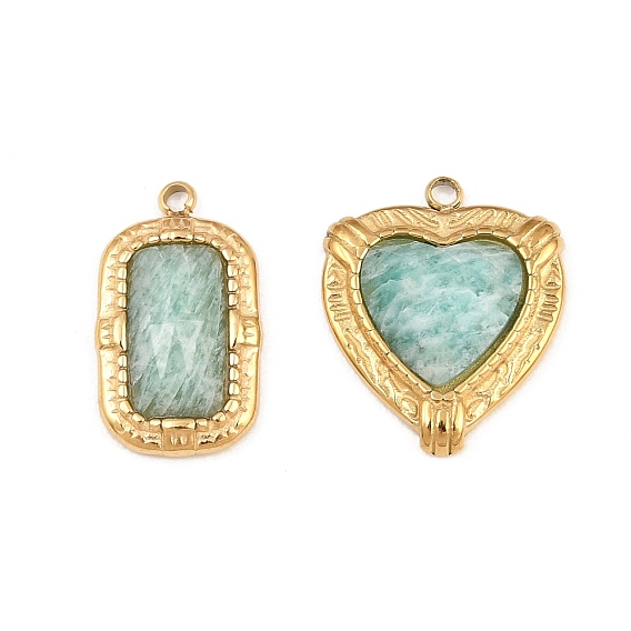 Natural Amazonite Faceted Pendants, 304 Stainless Steel Geometric Bezeled Charms, Golden