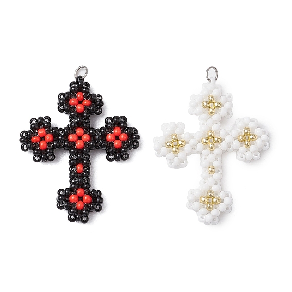 Seed Beads Beaded Charms, with Jump Ring, Cross Pendant
