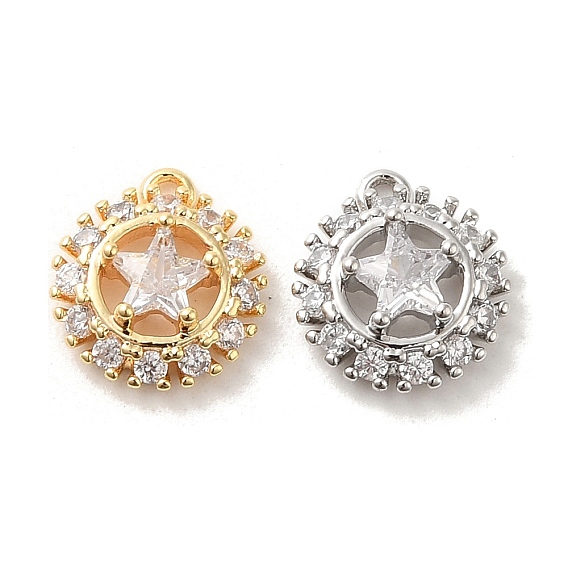 Brass Micro Pave Clear Cubic Zirconia Pendants, Flat Round with Star