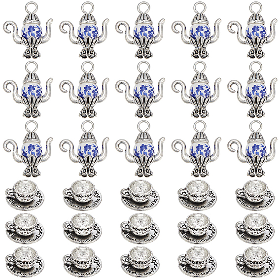 40Pcs 2 Styles Tibetan Style Alloy Charms, Teapot/Teacups