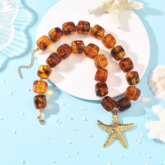 Ocean 304 Stainless Steel Starfish Pendant Necklaces, Cube Imitation Gemstone Acrylic Beaded Necklaces for Women, Golden