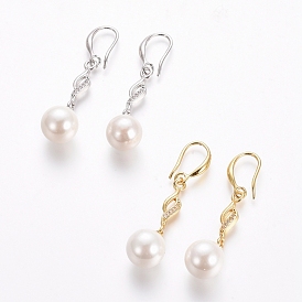 Brass Dangle Earrings, with Clear Cubic Zirconia and Shell Pearl, Long-Lasting Plated