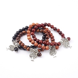 Conjunto de pulseras con dijes de aleación de estilo tibetano, con cuentas redondas de madera natural, árbol de la vida, plata antigua