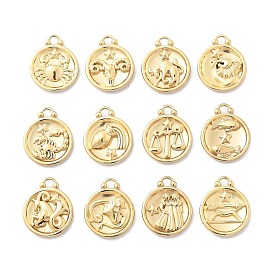 PVD Vacuum Plating 304 Stainless Steel Rhinestone Pendants, Flat Round with Constellations Charm, Real 18K Gold Plated