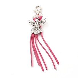 Décorations pendantes en alliage de style tibétain, avec anneaux en D pivotants en fer, fermoirs à pince de homard et faux suède, ange avec pompon