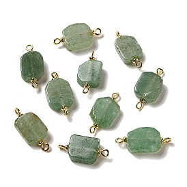 Natural Green Aventurine Connector Charms, Rectangle Links with Real 18K Gold Plated Brass Double Loops