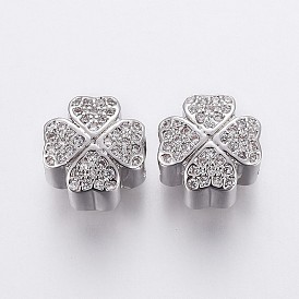 Brass Micro Pave Cubic Zirconia European Beads, Large Hole Beads, Cadmium Free & Lead Free, Clover, Clear