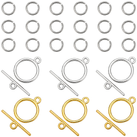 60 шт. 2 цвета, застежки из сплава в тибетском стиле, плоско-круглые, с 200 шт. 304 соединительными кольцами из нержавеющей стали