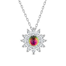 925 Sterling Silver Pendant Necklaces, with Grade AAA Cubic Zirconia, Sun, with S925 Stamp