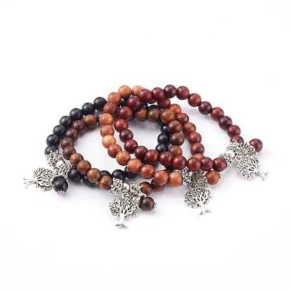 Conjunto de pulseras con dijes de aleación de estilo tibetano, con cuentas redondas de madera natural, árbol de la vida, plata antigua