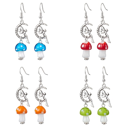 4 Pairs Mushroom Alloy and Lampwork Dangle Earring, with Brass Earring Findings