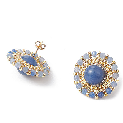 Dyed & Heated Natural Blue Aventurine & Seed Braided Flower Stud Earrings