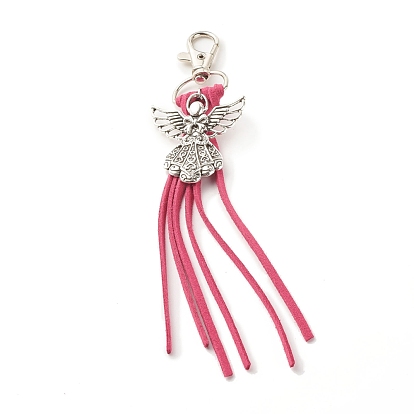 Décorations pendantes en alliage de style tibétain, avec anneaux en D pivotants en fer, fermoirs à pince de homard et faux suède, ange avec pompon