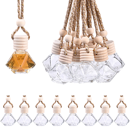 15 decoraciones colgantes de vidrio, frasco de perfume vacío, Con tapa de madera y cuerda de algodón., rombo