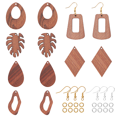 Kits de fabricación de pendientes colgantes de bricolaje, incluyendo colgantes de madera de nogal sin teñir, Ganchos del pendientes de latón, anillos de cobre amarillo del salto, formas mixtas