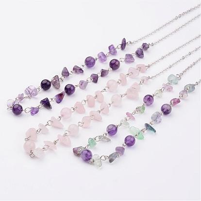 Gemstone Beaded Necklaces, with 304 Stainless Steel Lobster Claw Clasps