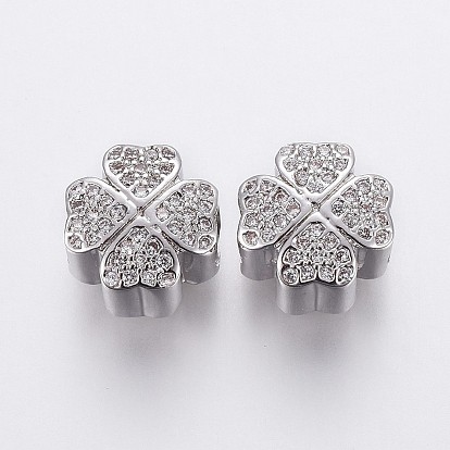 Brass Micro Pave Cubic Zirconia European Beads, Large Hole Beads, Cadmium Free & Lead Free, Clover, Clear