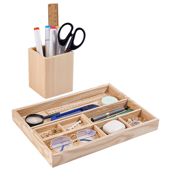 1 Деревянные настольные лотки для хранения из поликарбоната с сеткой, серьги кольца браслеты ожерелья, с 1 квадратными деревянными подставками для ручек