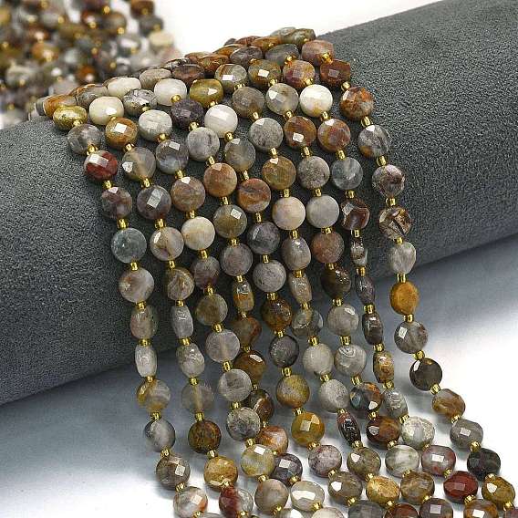 Натуральные нити бусин агата, с бисером, граненый ромб, плоско-круглые