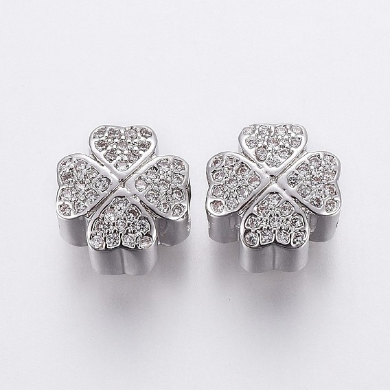 Brass Micro Pave Cubic Zirconia European Beads, Large Hole Beads, Cadmium Free & Lead Free, Clover, Clear