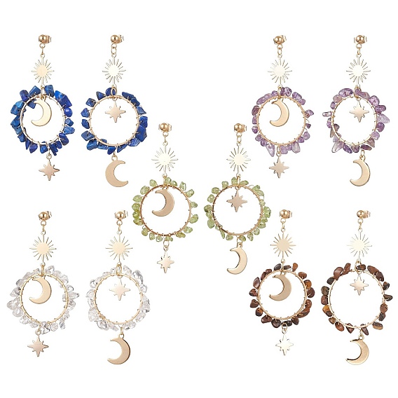 Винтажные серьги-гвоздики с драгоценными камнями, с 304 фурнитурой из нержавеющей стали, кольцо с луной